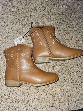 Kids Tan Floral Cutout Ankle Boots